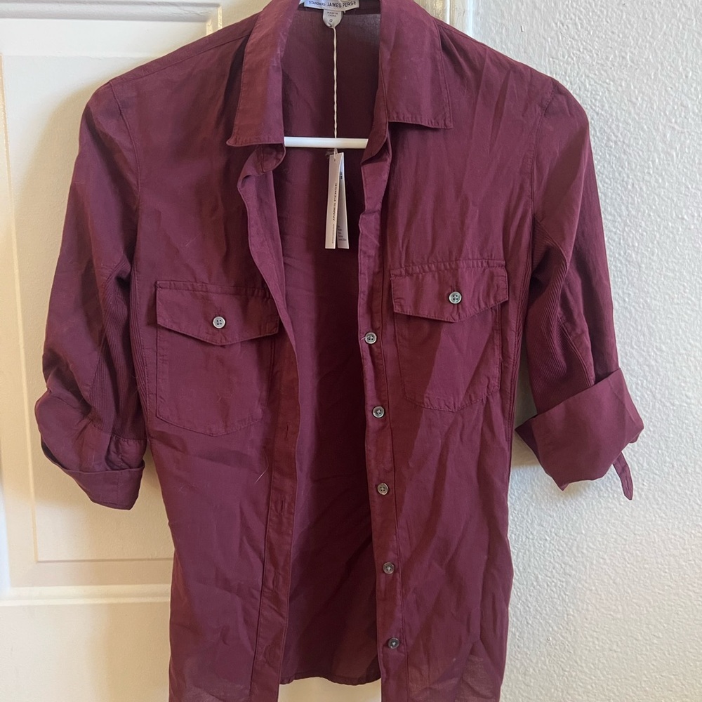 James Perse Red Blouse with Roll-Up Sleeves NWT